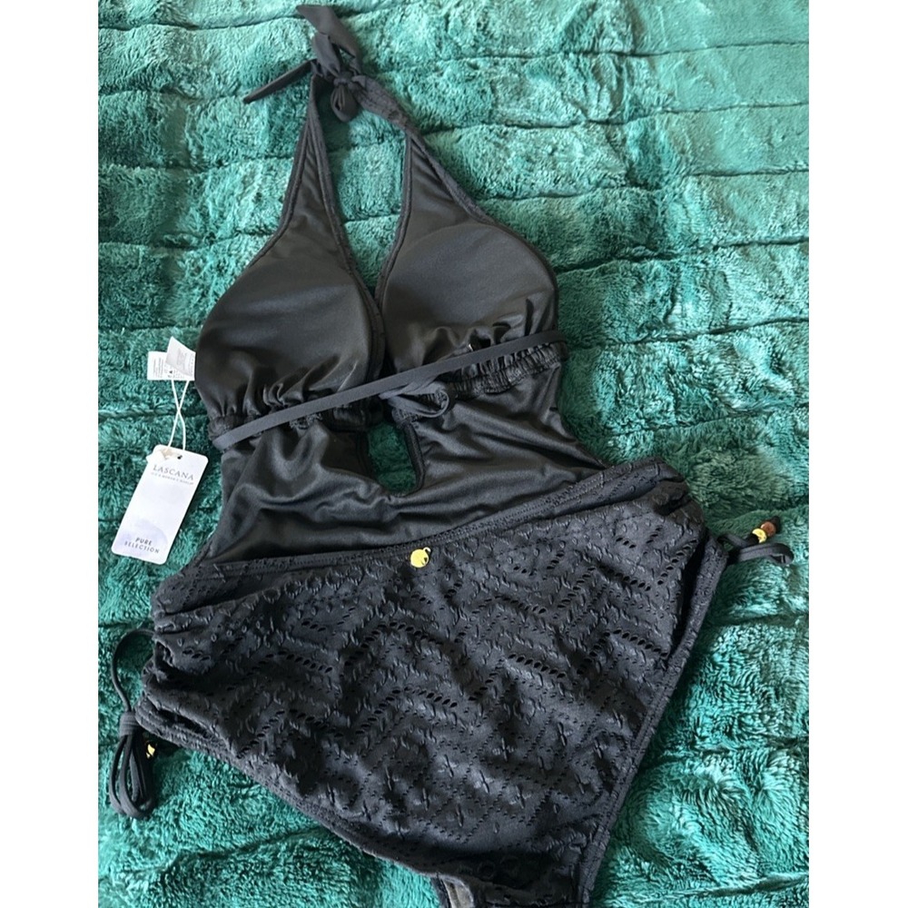 Lascana Pure Selection Size 8 C/D Plunge Crochet Halter One Piece Swimsuit Black - Picture 9 of 14